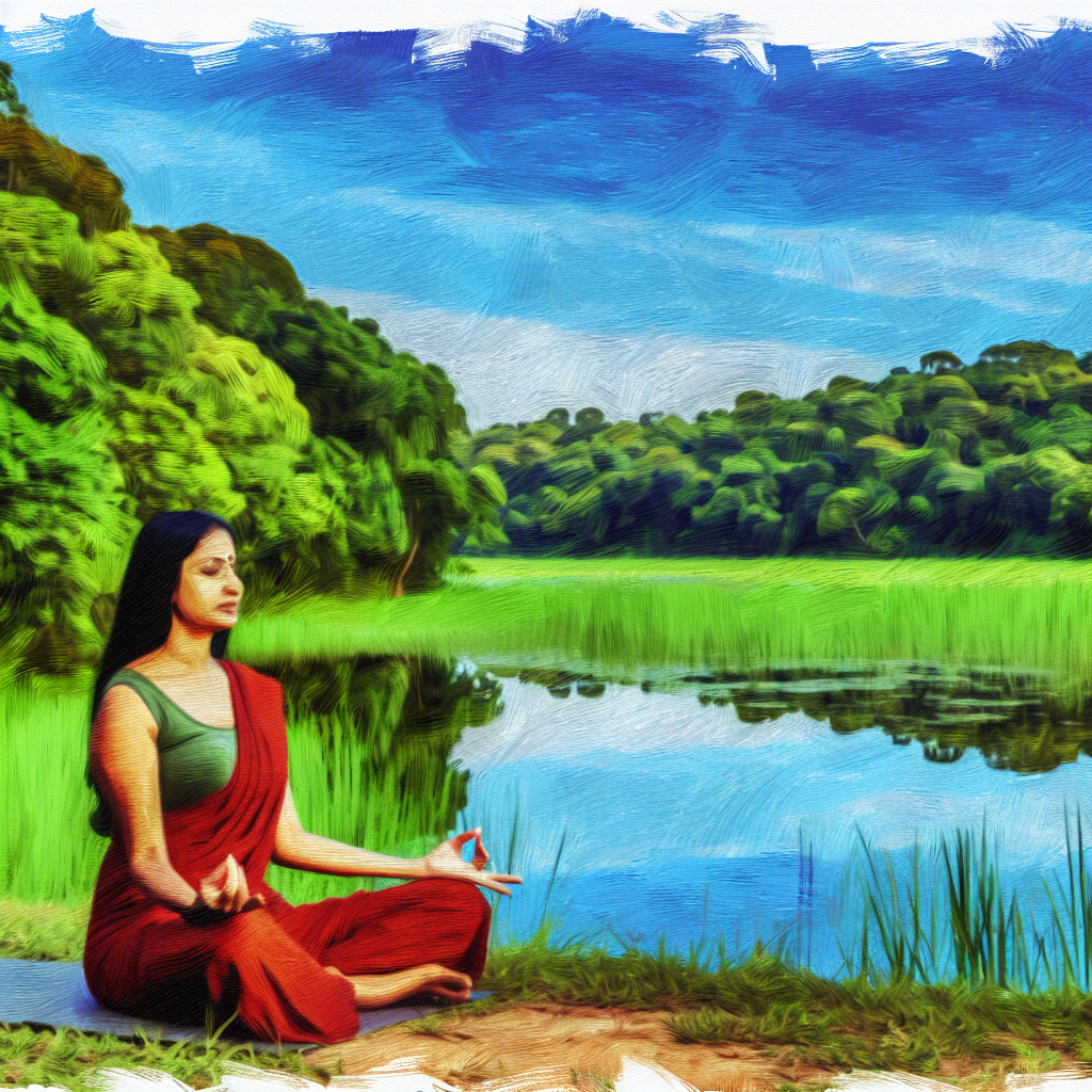 A person meditating in peaceful nature.