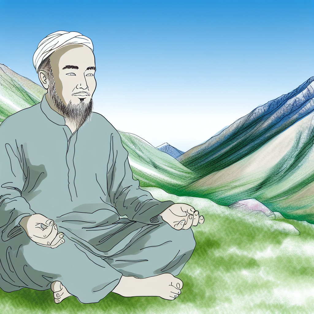 Man meditating in peaceful mountain setting.