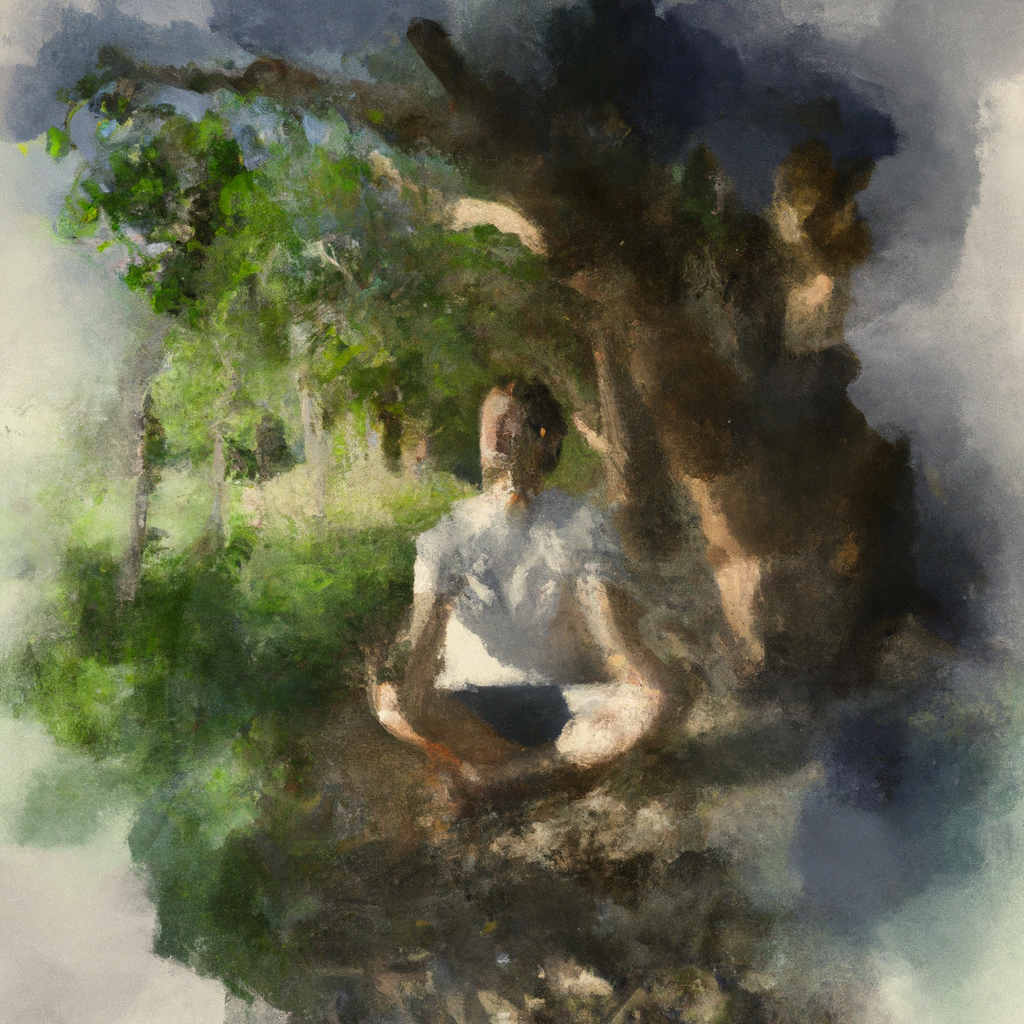 Man meditating in peaceful nature setting.