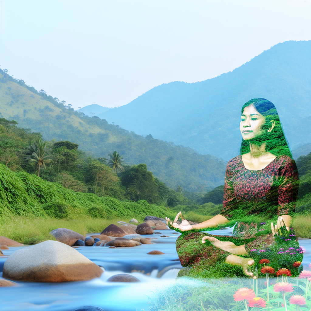 Person meditating in peaceful natural setting.