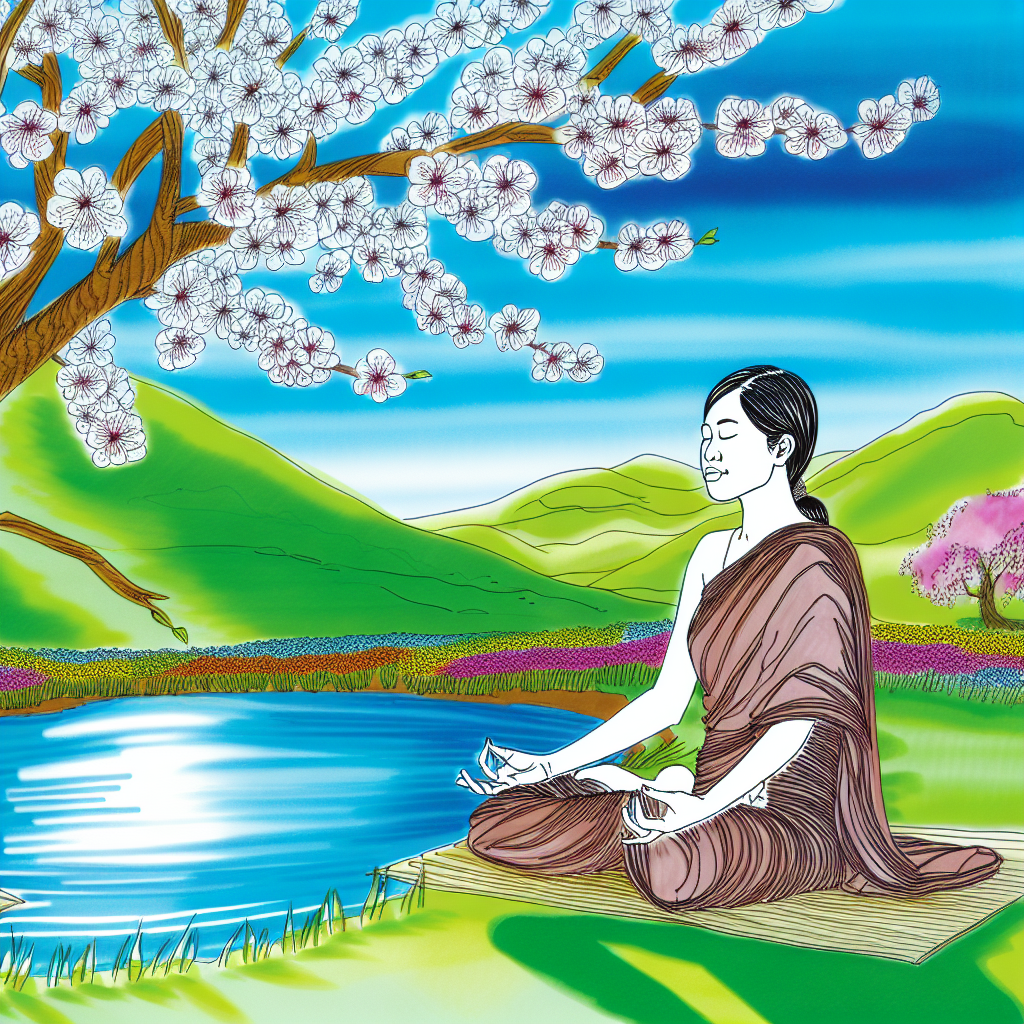 Person meditating in peaceful nature setting.