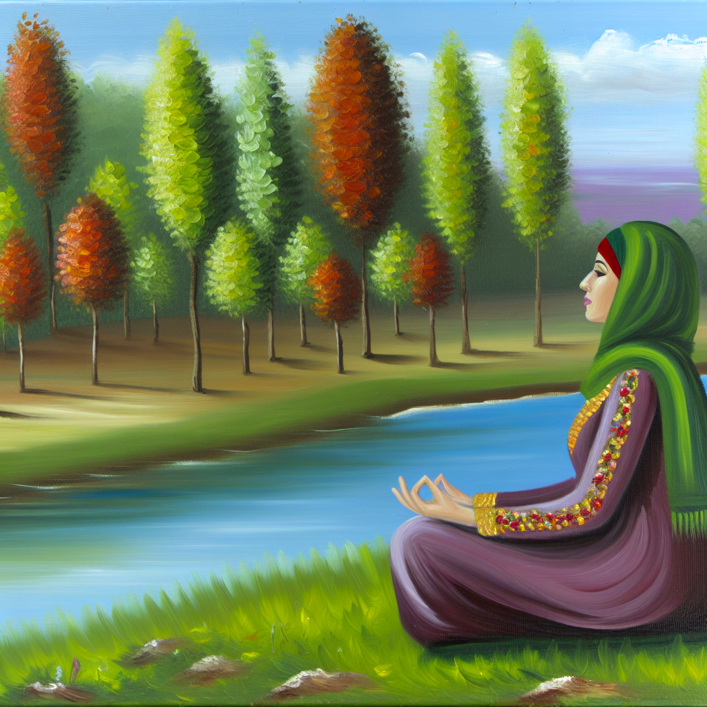 Person meditating in peaceful nature setting.