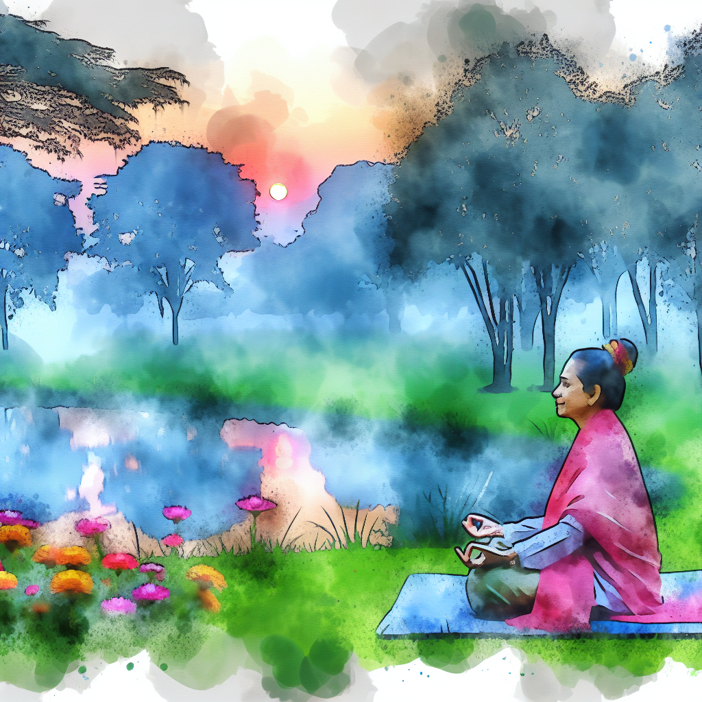 Person meditating in peaceful nature setting.