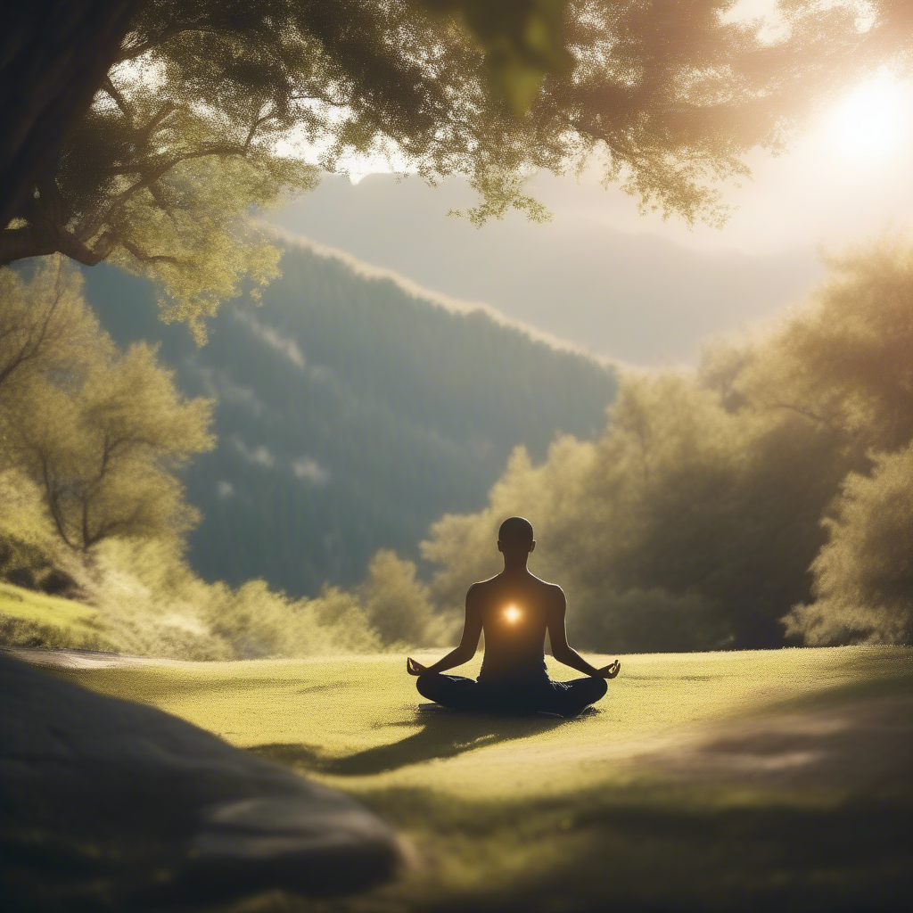 Person meditating in peaceful nature setting.