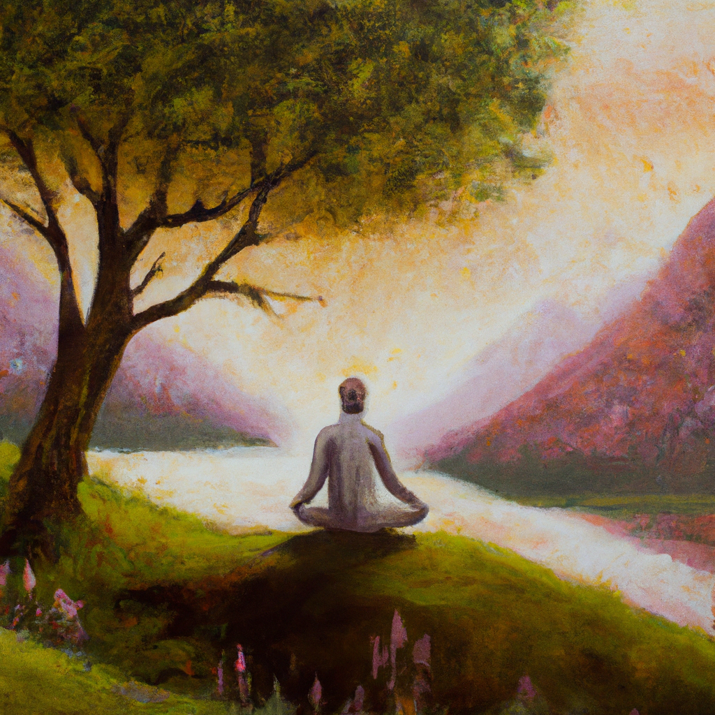 Person meditating in serene nature setting.