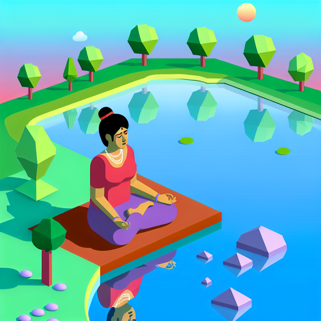 Person meditating peacefully by a lake.