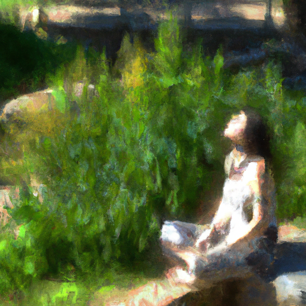 Woman meditating in peaceful natural setting.