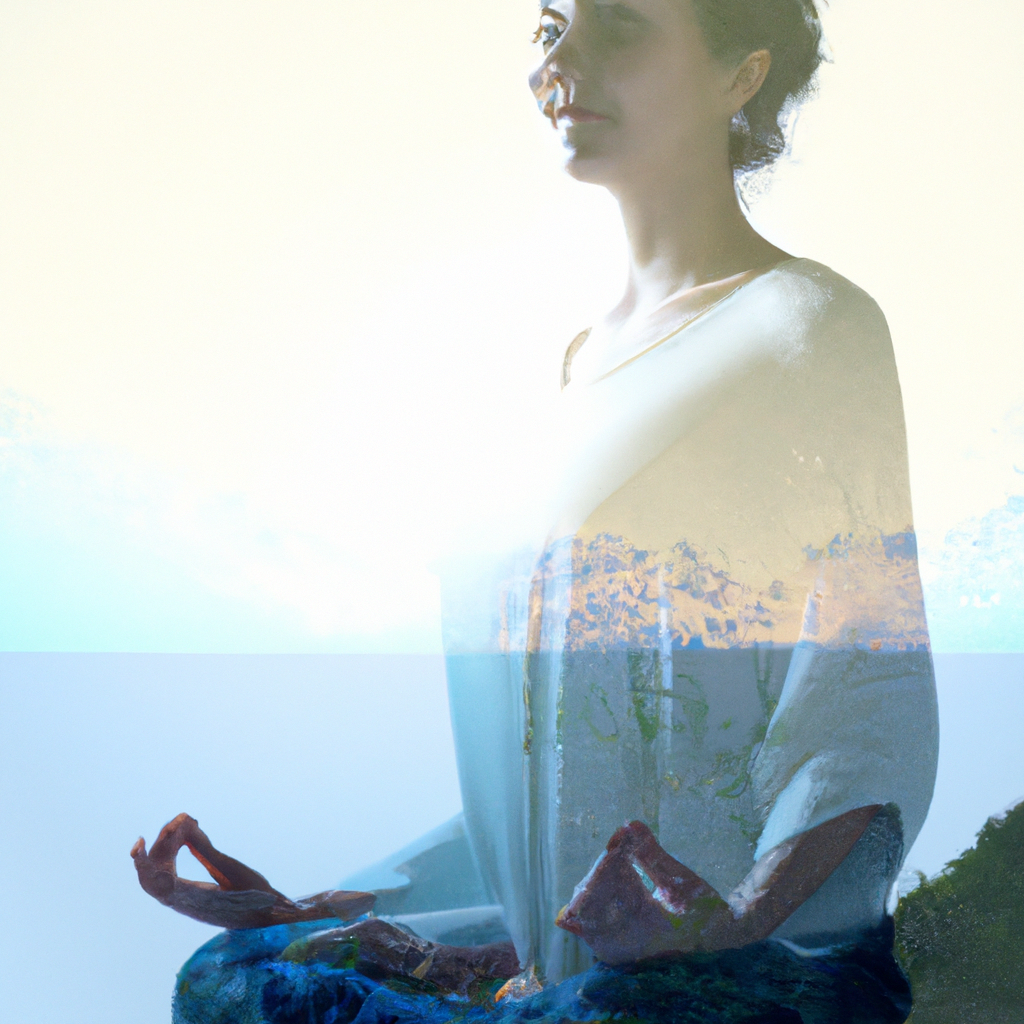 Woman meditating in peaceful nature setting.